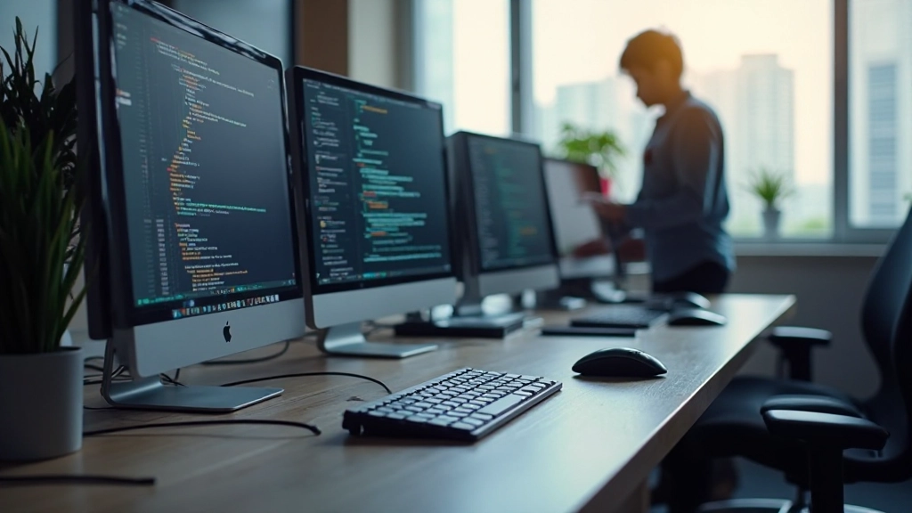 Developer workspace with multiple monitors showing code editors and design tools in a bright office environment
