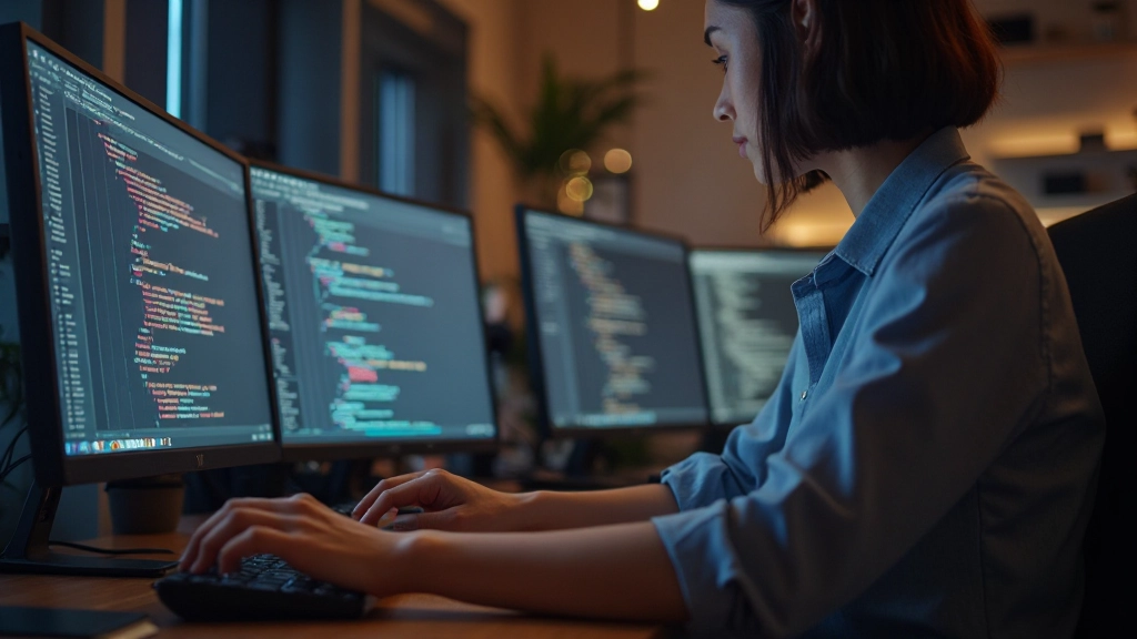 Female developer working on accessible HTML forms with proper labels and input fields displayed on screen