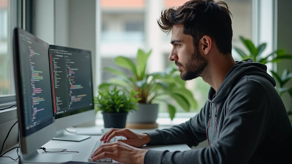 Professional web developer working on HTML and CSS code with multiple monitors displaying code editor